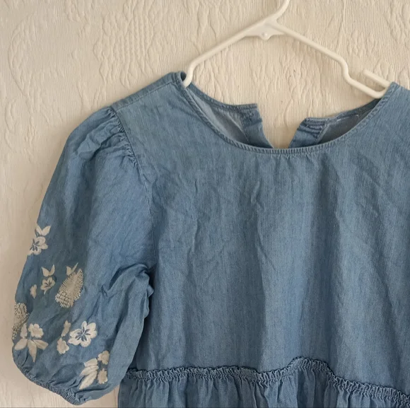 Denim Puff Sleeve Embroidered Midi Dress Babydoll Lightwash Modest Cute Sundress - Picture 2 of 9